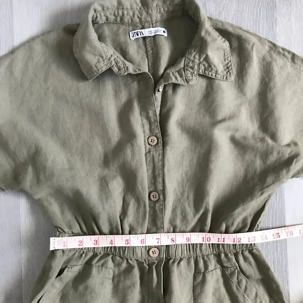 ZARA WOMENS JUMPSUIT GREEN LINEN SHORT SLEEVE WIDE LEG CASUAL SMALL